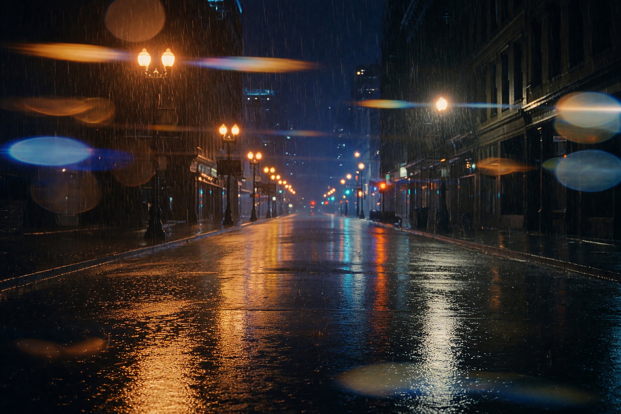 An empty city street at night, rain shining on the road